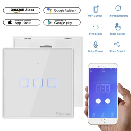 SONOFF WiFi Smart Wall Touch Switch T3 UK 3 Gang- Compatible With Alexa, Google Assistant
