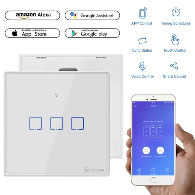 SONOFF WiFi Smart Wall Touch Switch T3 UK 3 Gang- Compatible With Alexa, Google Assistant