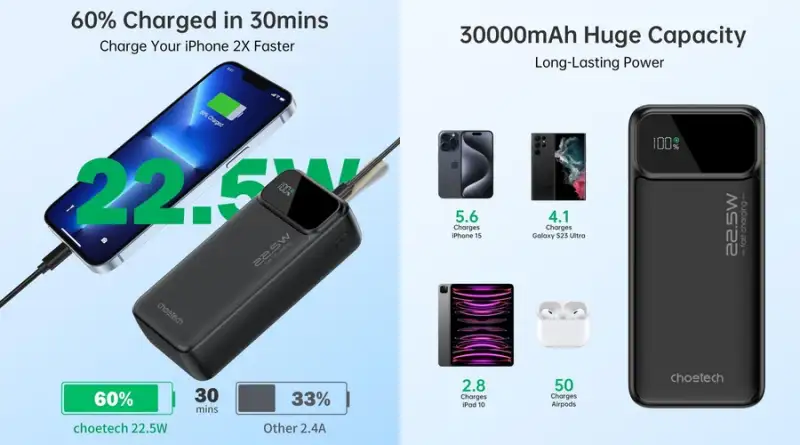 Choetech B730 30000mAh PD22.5W Wireless Power Bank