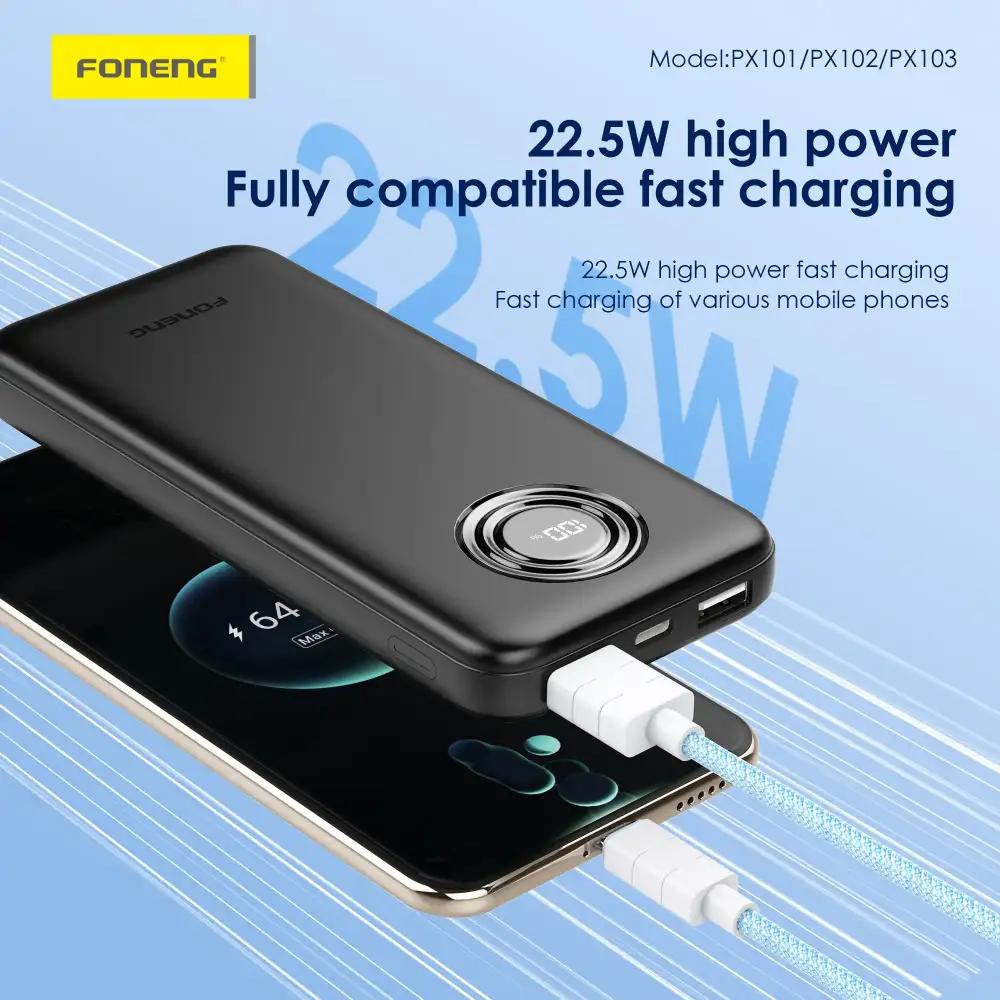 The Foneng PX102 22.5W Power Bank delivers reliable, high-speed charging with its 20000mAh capacity, ideal for all your daily power needs.