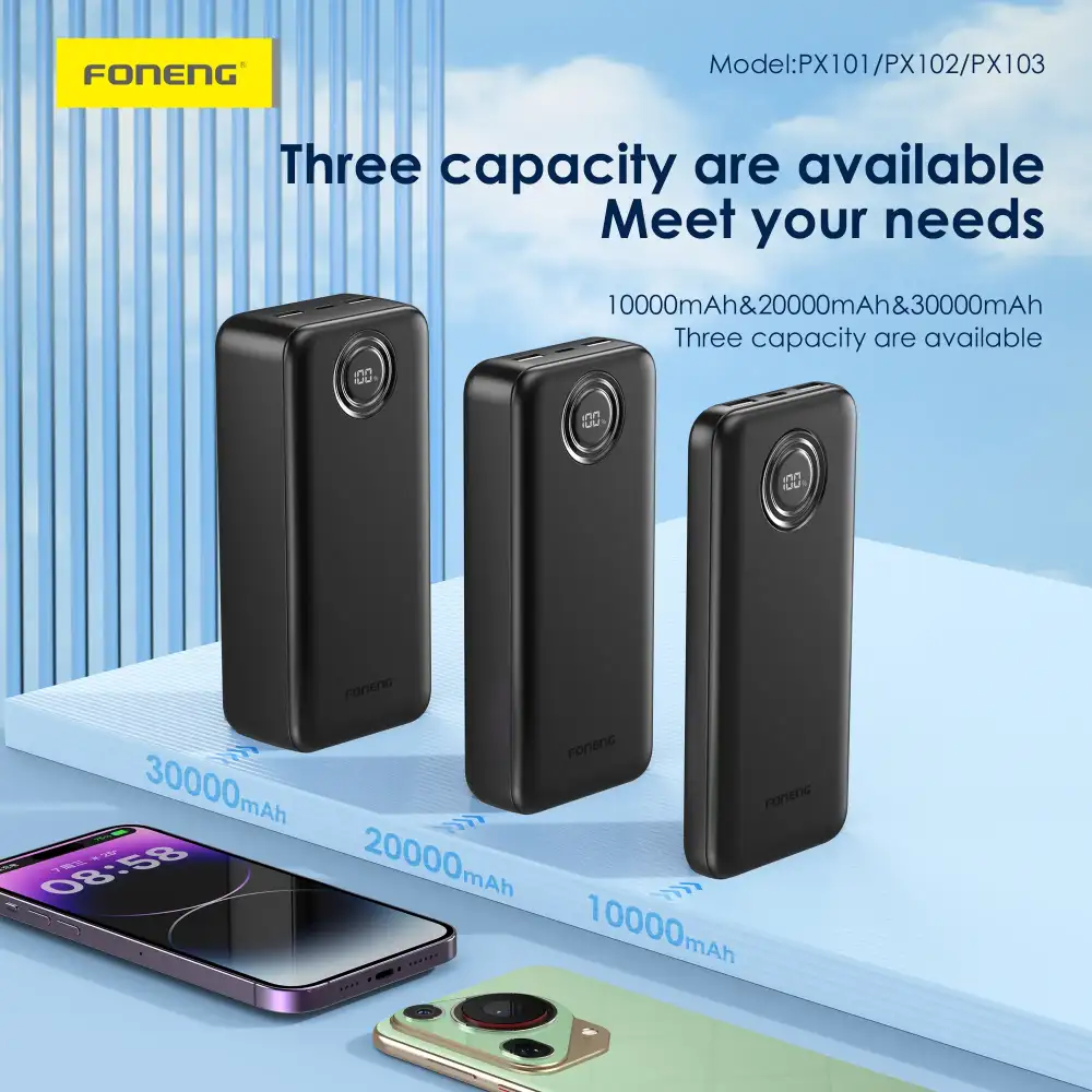 Stay powered on the go with the sleek and durable Foneng PX102 Power Bank, offering fast charging and smart protection.