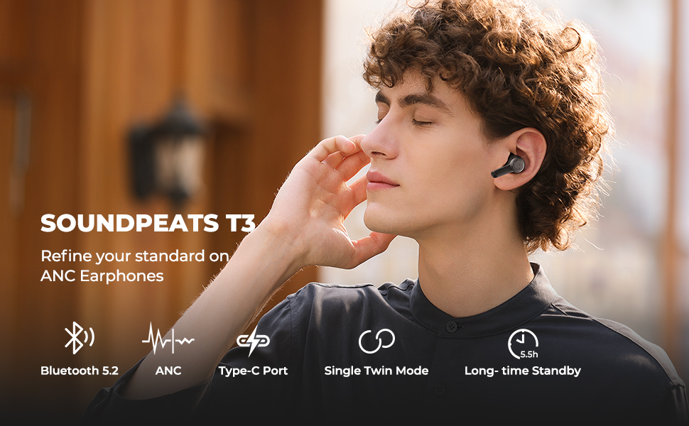 SoundPEATS T3 Active Noise Cancelling Wireless Earbuds Profile