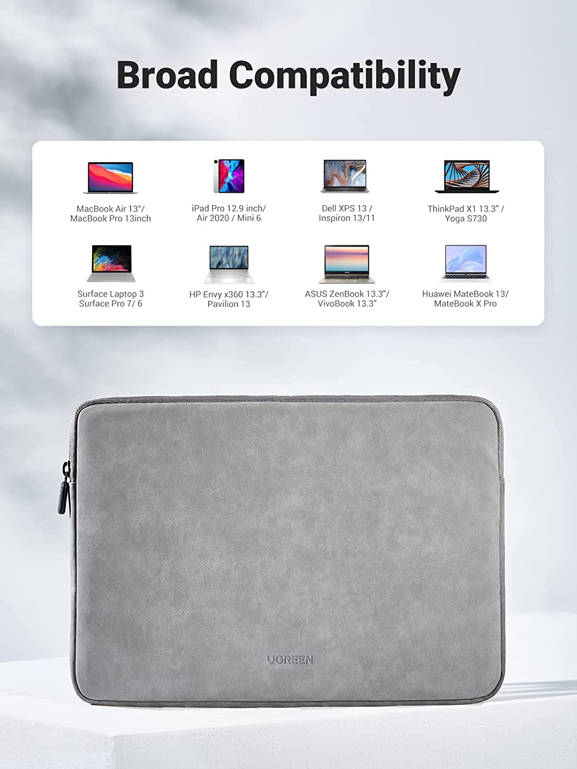 UGREEN 13.3 Inch Laptop Case PU Suede Leather Soft Padded Zipper Cover Sleeve Case - 60985