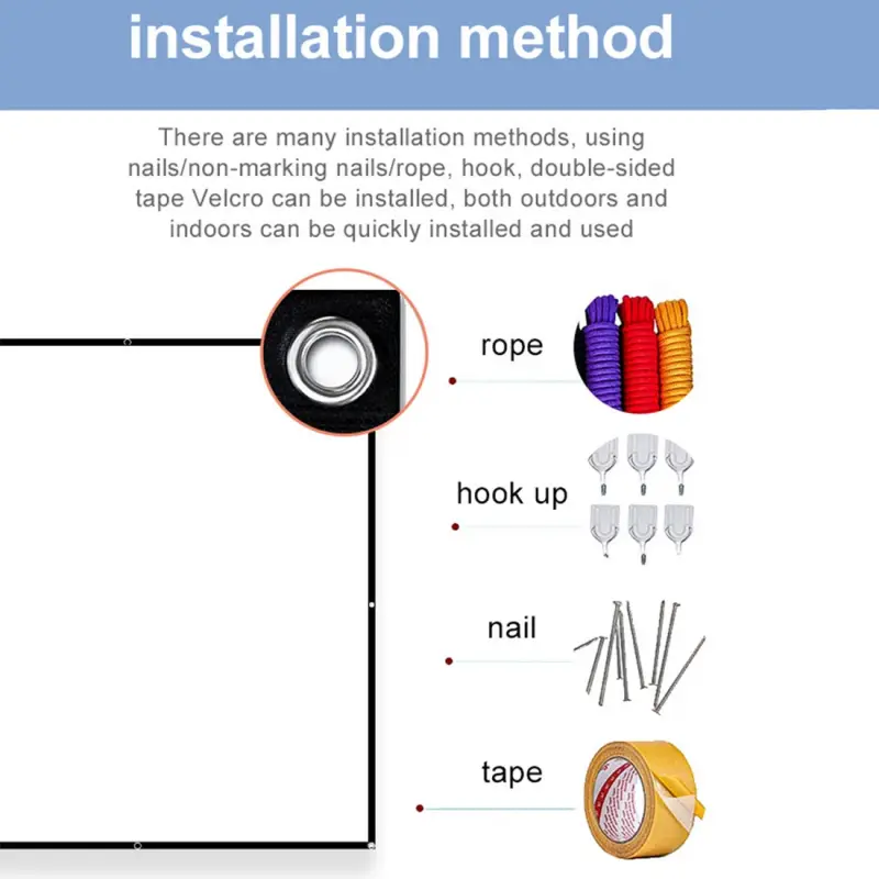 84 Inch Projector Screen Installation Method Showing Rope Hooks Nails and Tape Mounting Options