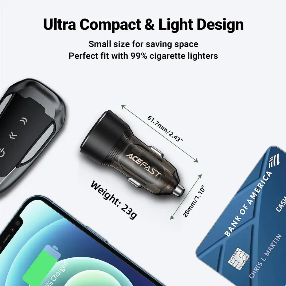 ACEFAST B12 Car Charger 60W – Dual Port USB-A & USB-C Fast Charging Car Power Adapter