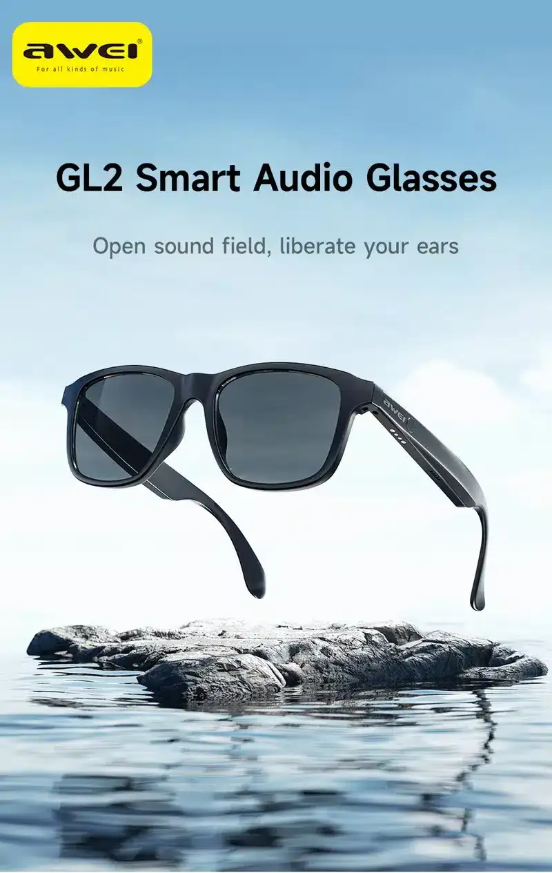 A sleek studio close-up of the AWEI GL2 open smart audio glasses,