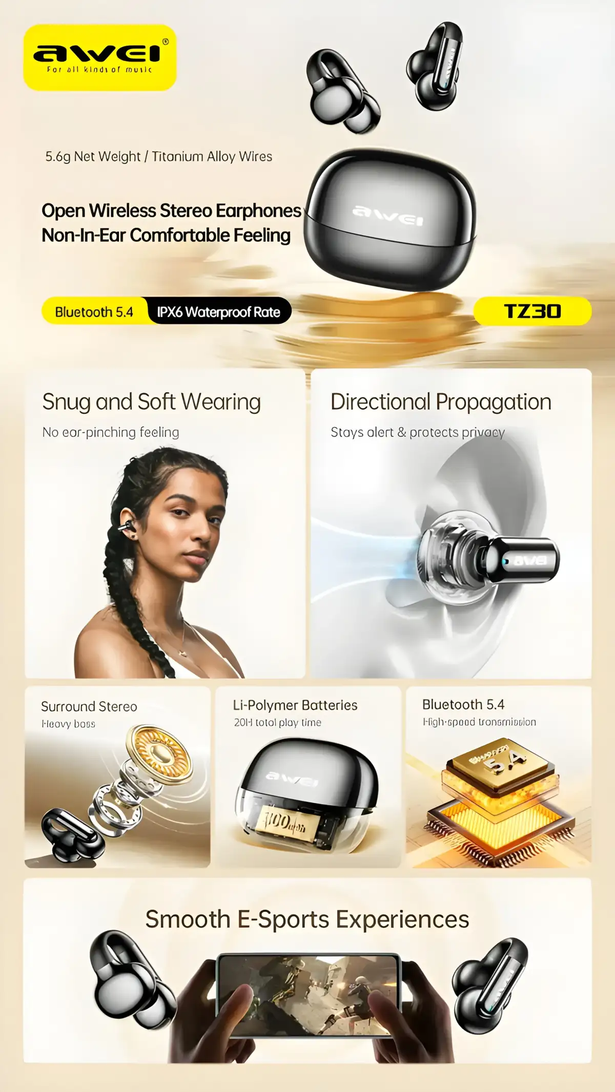 AWEI TZ30 Open Ear Clip Bluetooth Headset