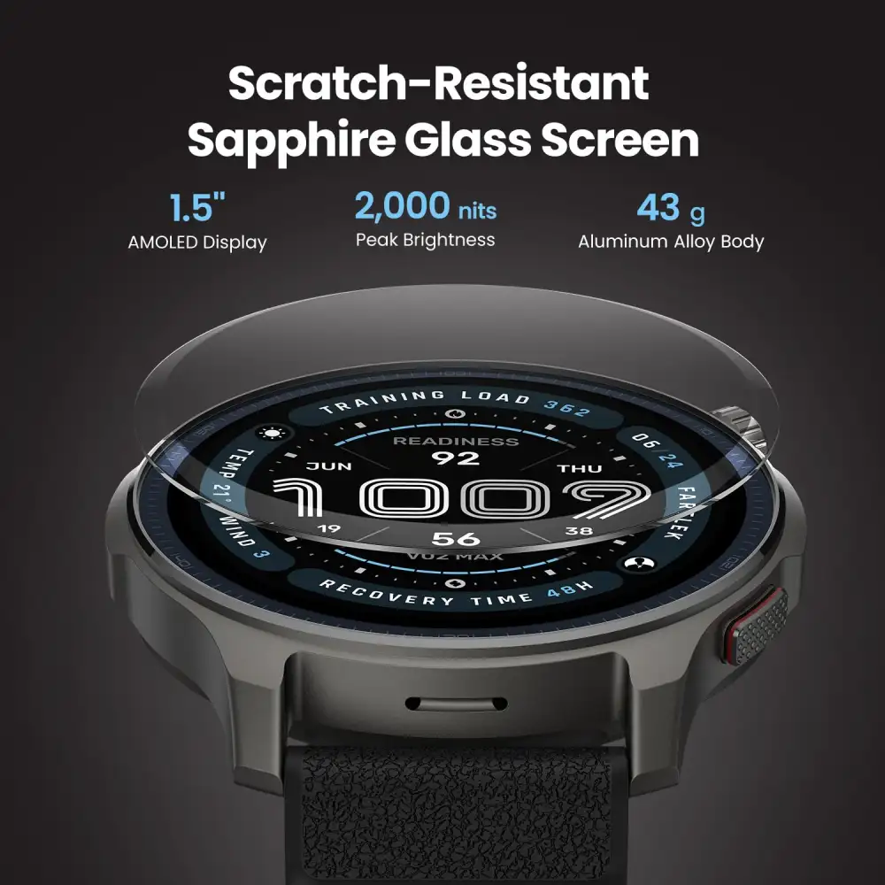 amazfit Balance 2 Smart Watch with black band, showing fitness data on AMOLED display