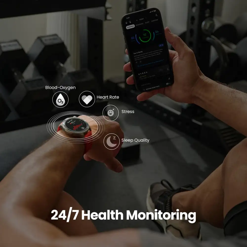 amazfit Balance 2 Smart Watch with black band, showing fitness data on AMOLED display