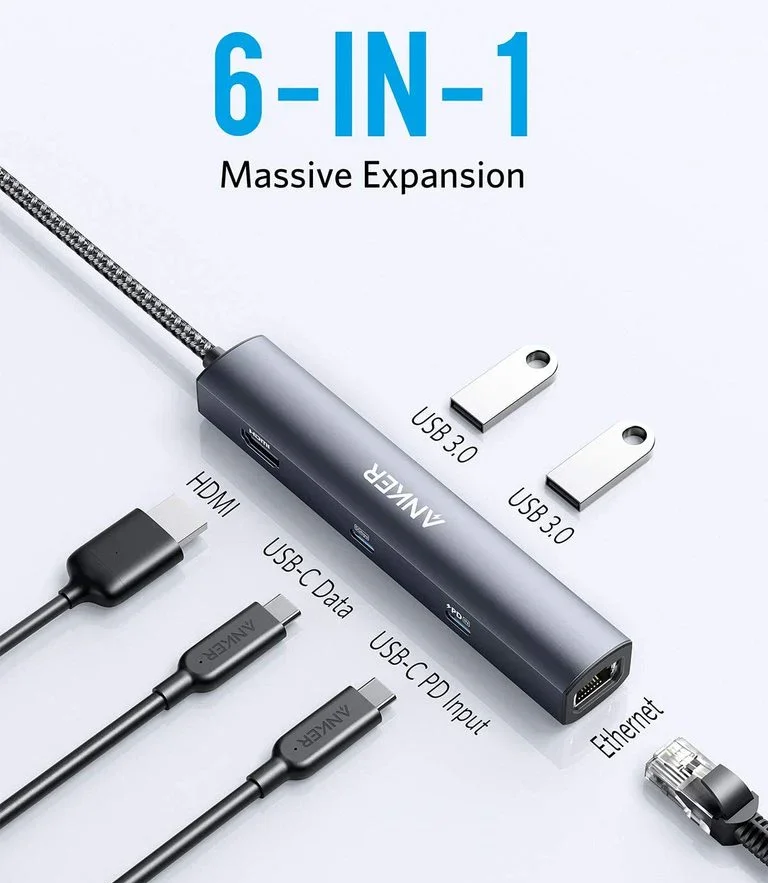 Anker 543 6-in-1 USB-C Hub connected to laptop with 4K external display