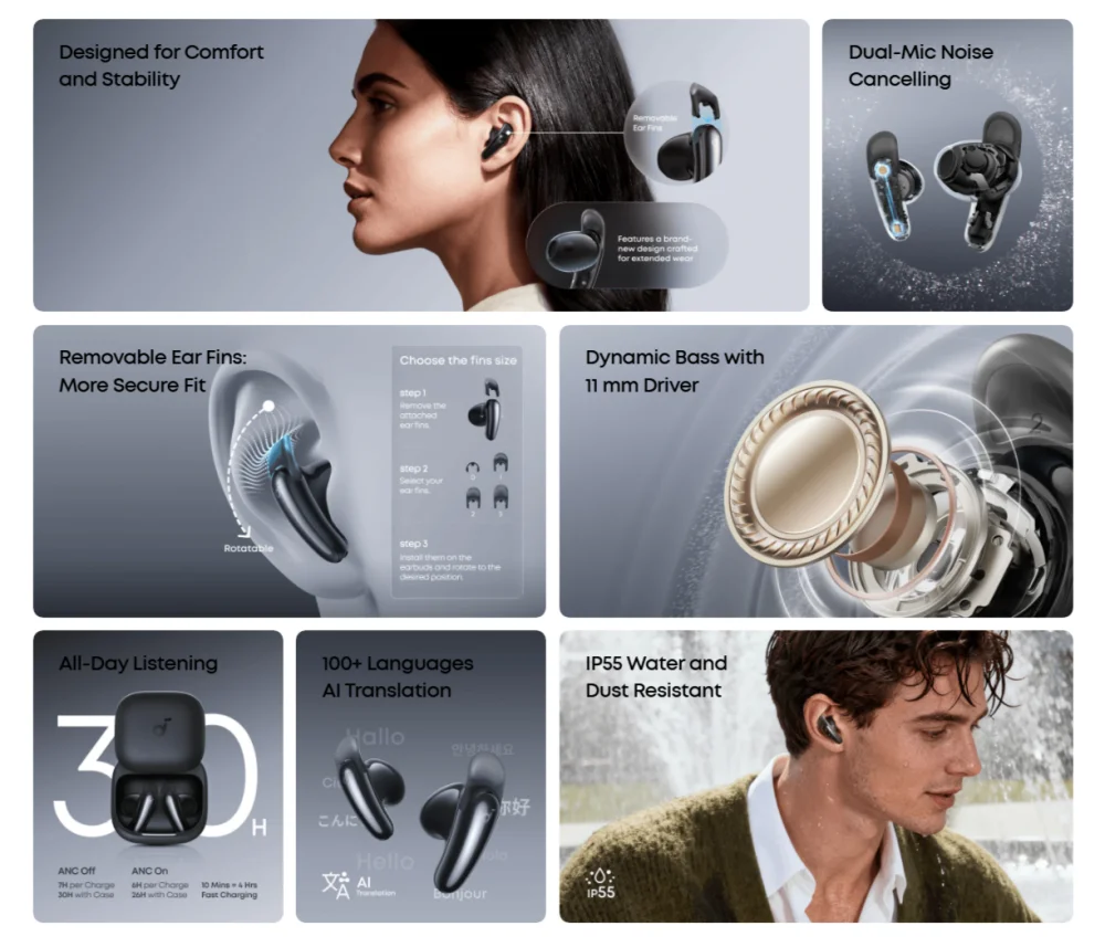 Anker Soundcore Liberty Buds semi-in-ear wireless earbuds with charging case and detachable ear fins