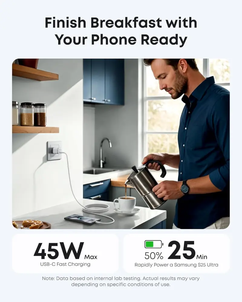 Anker Nano 45W GaN USB C charger charging smartphone at home fast charging compact wall adapter lifestyle use
