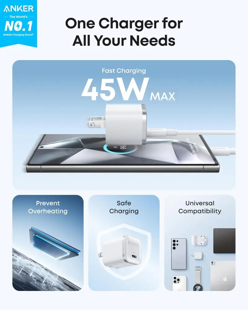 Anker Nano 45W GaN USB C charger fast charging multiple devices compact wall charger universal compatibility