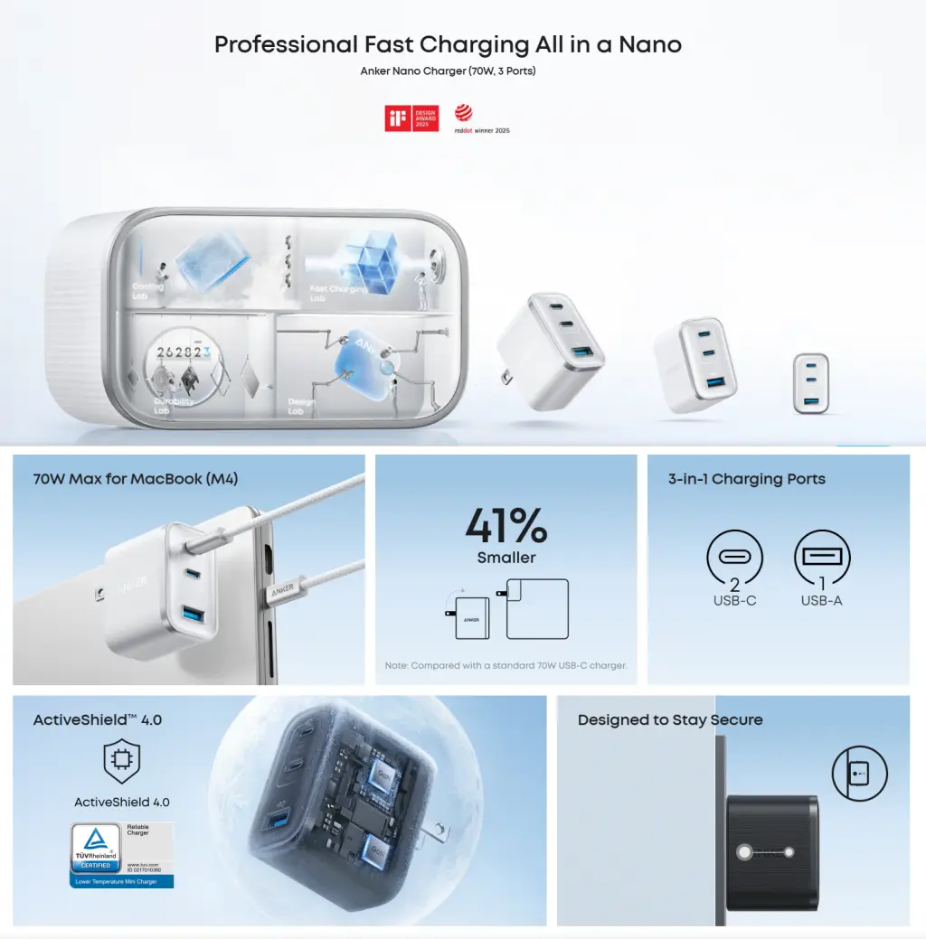 Anker Nano Charger 70W 3 Ports ActiveShield 4.0
