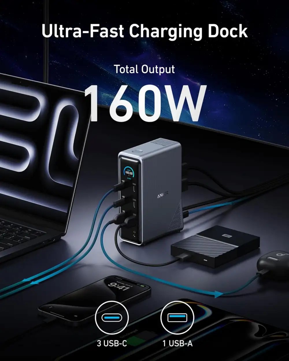 Anker Prime A83B6 160W USB-C Docking Station Connectivity