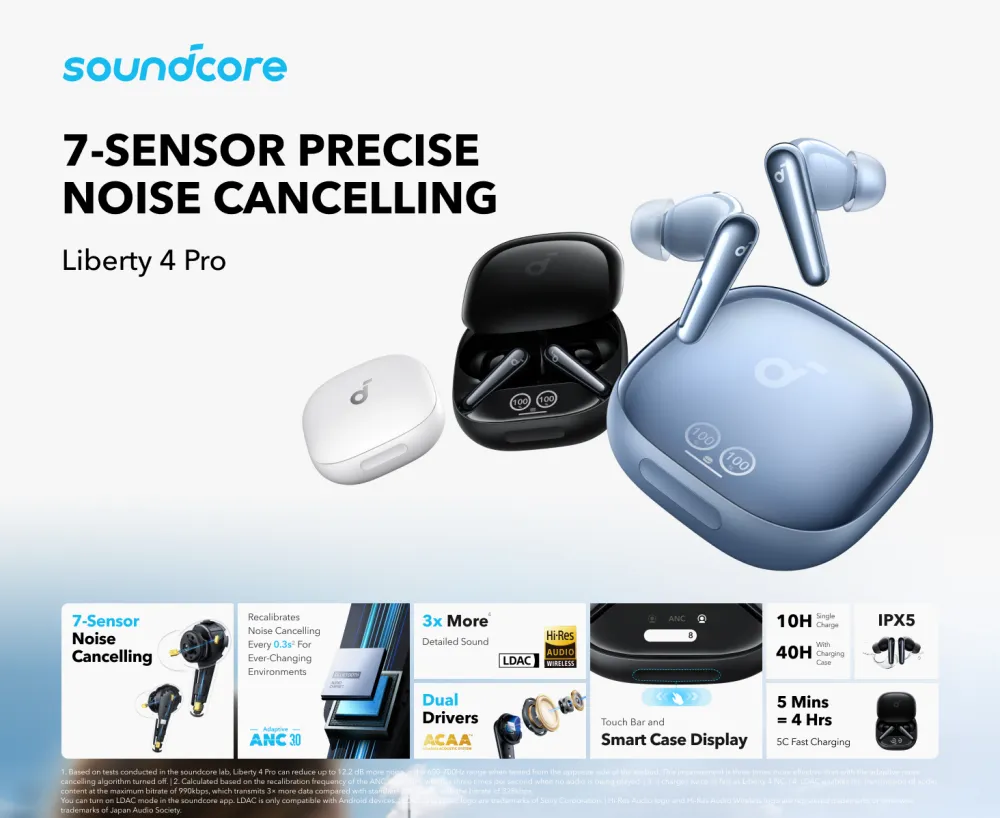 Anker Soundcore Liberty 4 Pro ANC earbuds with 7-sensor noise cancelling and smart case display