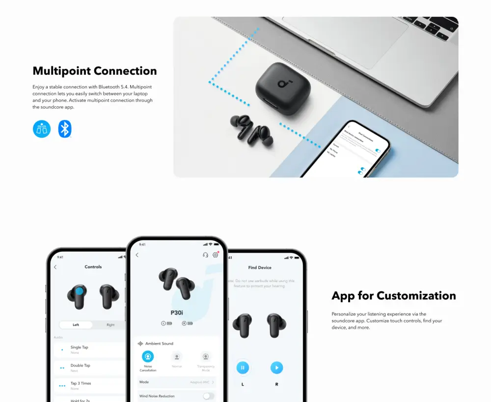 Anker Soundcore P30i ANC True Wireless Earbuds with deep bass, active noise cancellation, and long battery life