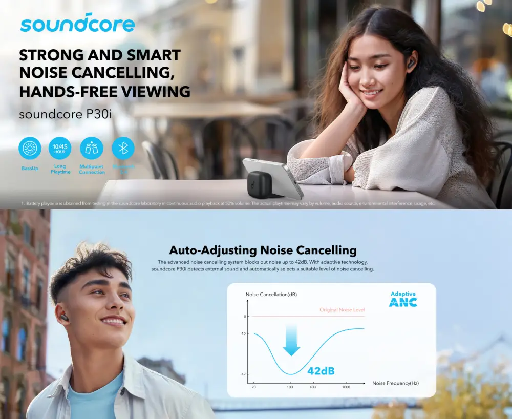 Anker Soundcore P30i ANC True Wireless Earbuds with deep bass, active noise cancellation, and long battery life – available at Giggly Gadgets Bangladesh