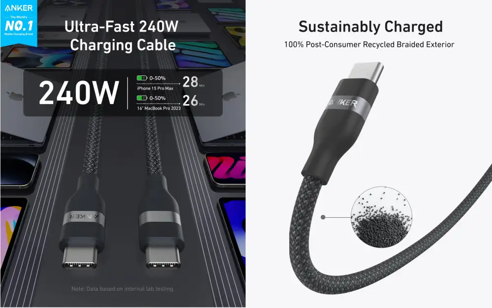 Anker 240W USB-C to USB-C upcycled-braided 6ft cable angled view with connectors visible