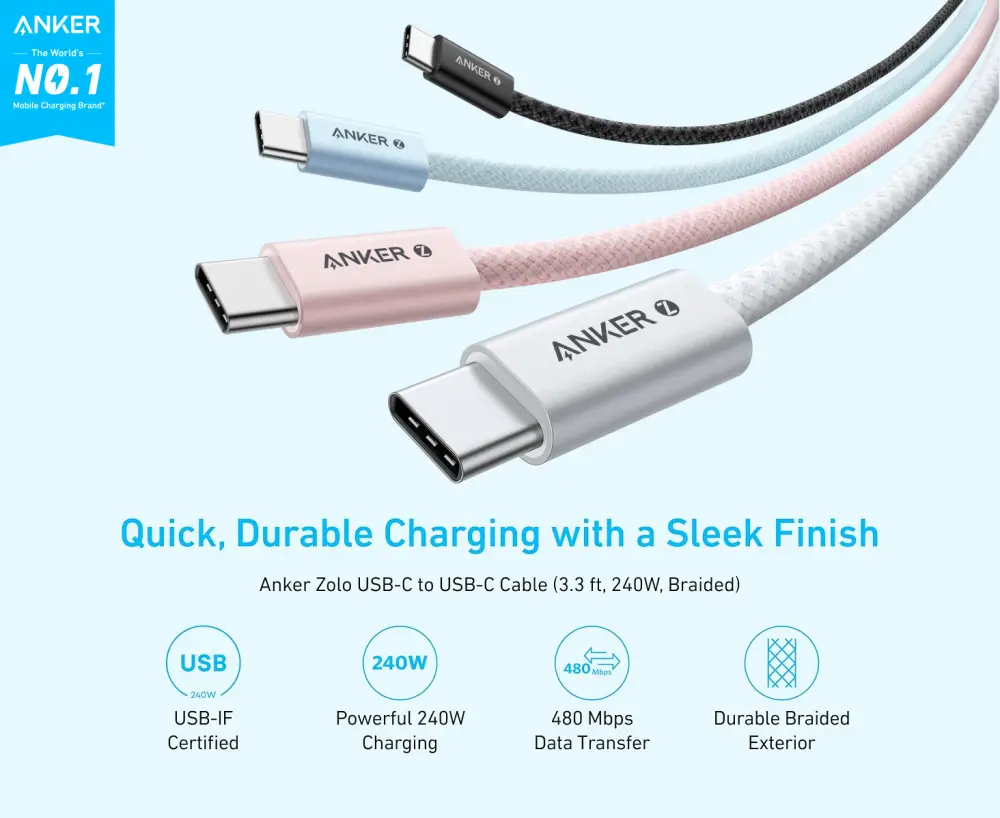 Anker Zolo 240W USB-C to USB-C Cable 1 Meter, durable and high-speed charging cable