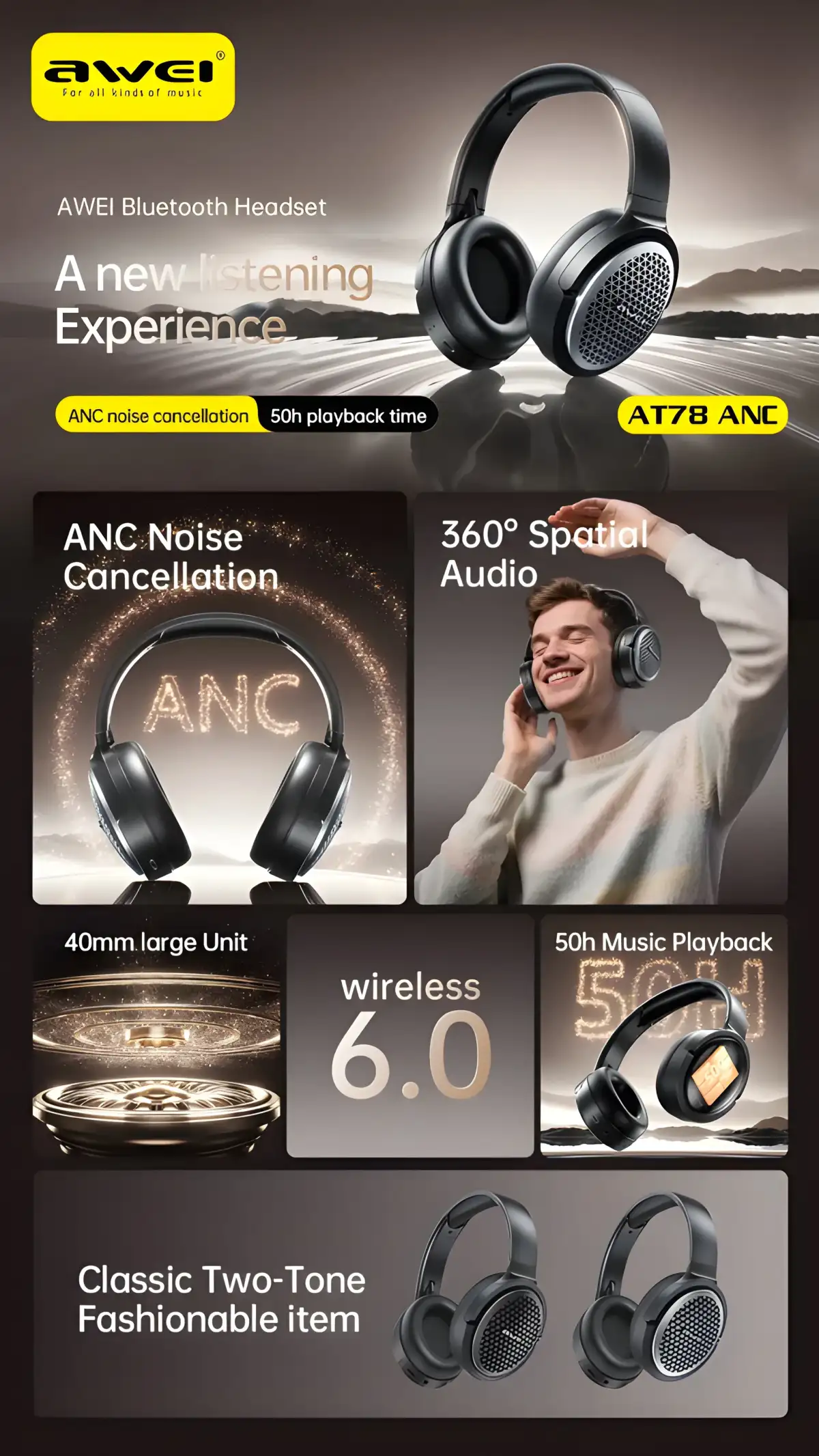 Awei AT78 ANC Bluetooth wireless headphones design