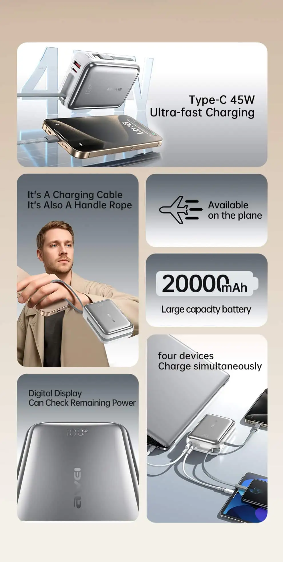 Premium Awei power bank with integrated charging cables