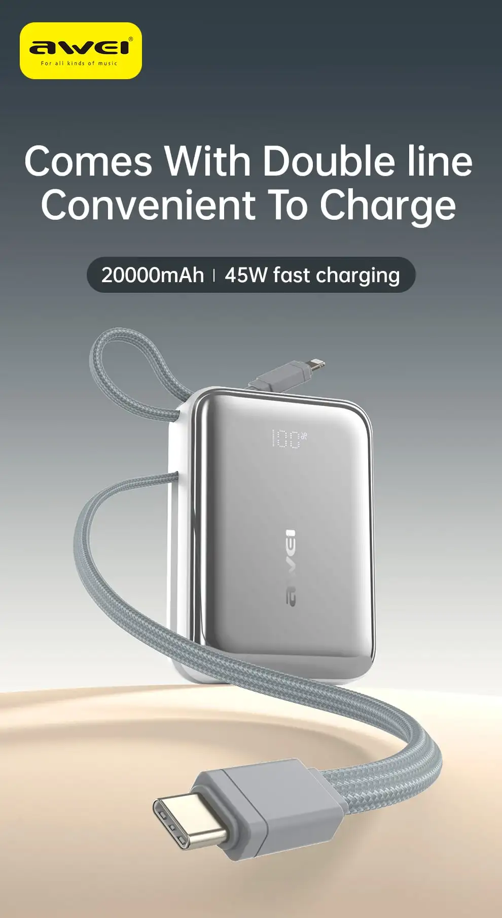 Awei C03 20000mAh 45W power bank with built-in cables
