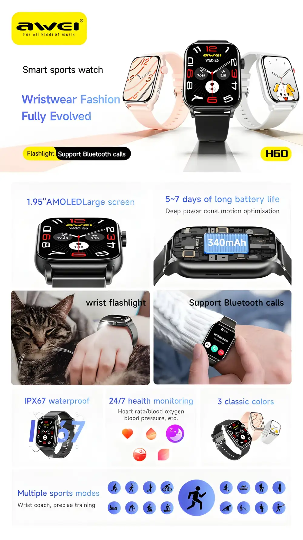 The Awei H60 Smart Watch blends style and technology, offering smart fitness tracking and daily convenience in one sleek design.