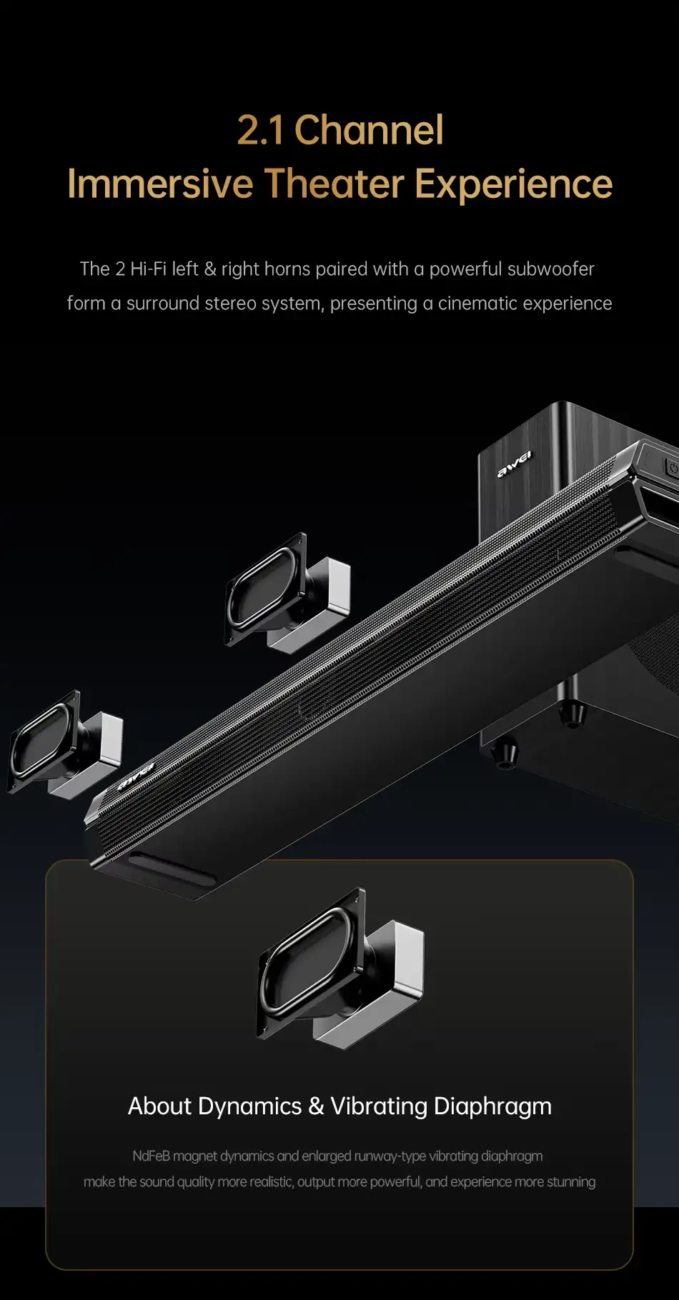 Awei KA25 100W Home Theater Stereo Soundbar with Subwoofer