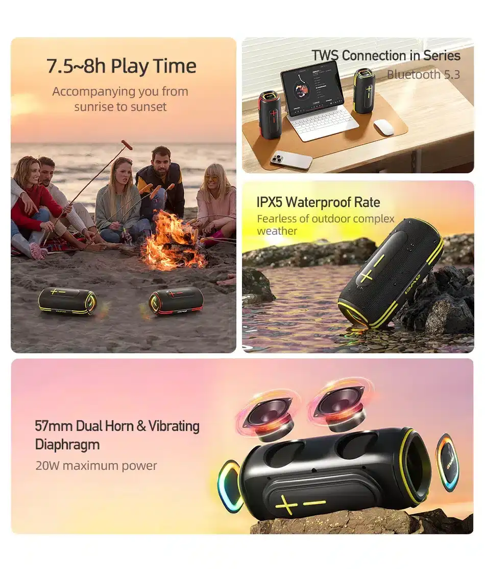. Compact Bluetooth speaker ideal for indoor/outdoor use