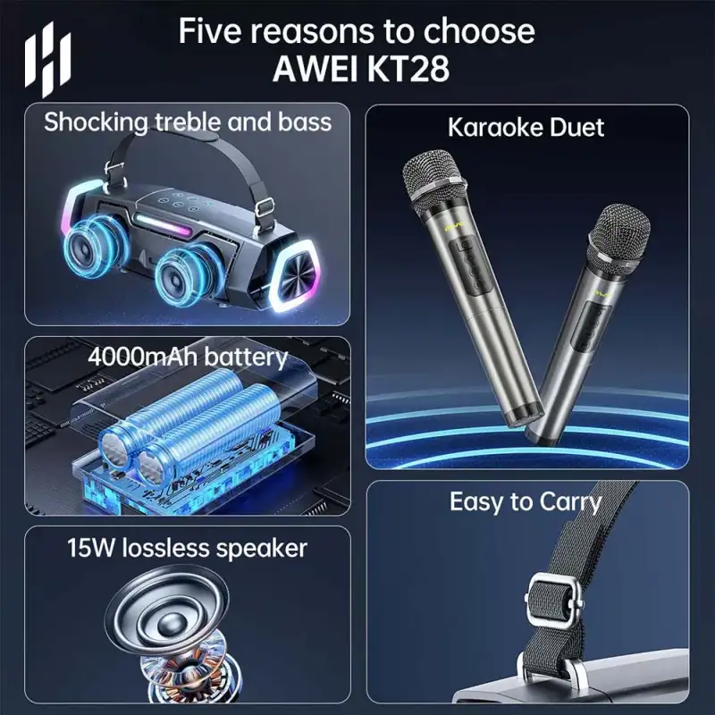 Awei KT28 30W Portable Karaoke Bluetooth Speaker with Dual Wireless Microphone