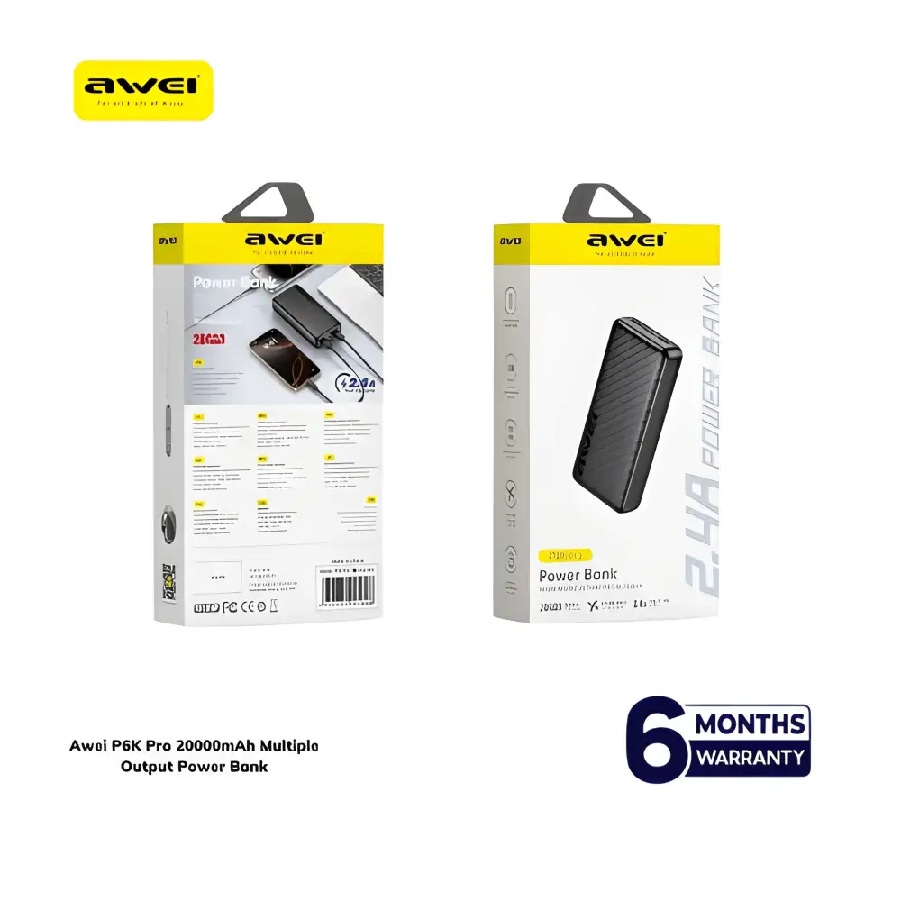 Awei P6K Pro 20000mAh power bank displaying multiple output ports and digital LED indicator.