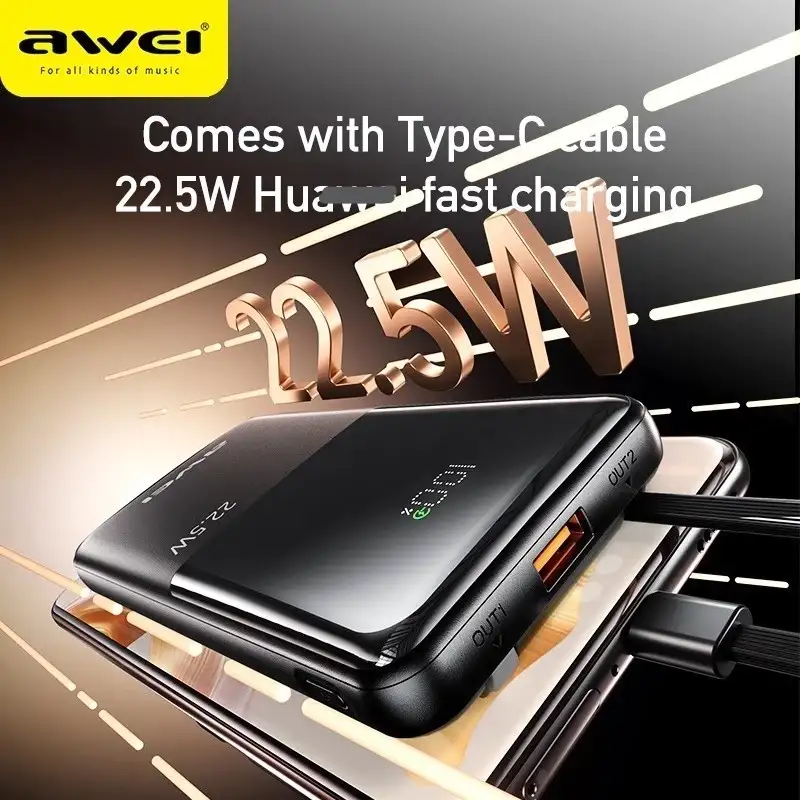 Compact 10000mAh power bank with dual built-in cables
