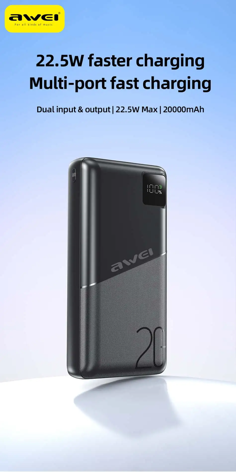 Awei PA-37 20000mAh PD power bank with fast charging