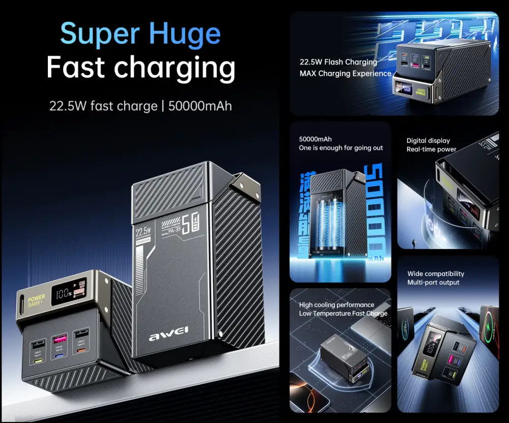 Awei PA33 50000mAh power bank 22.5W fast charging portable charger with digital display and multi port output
