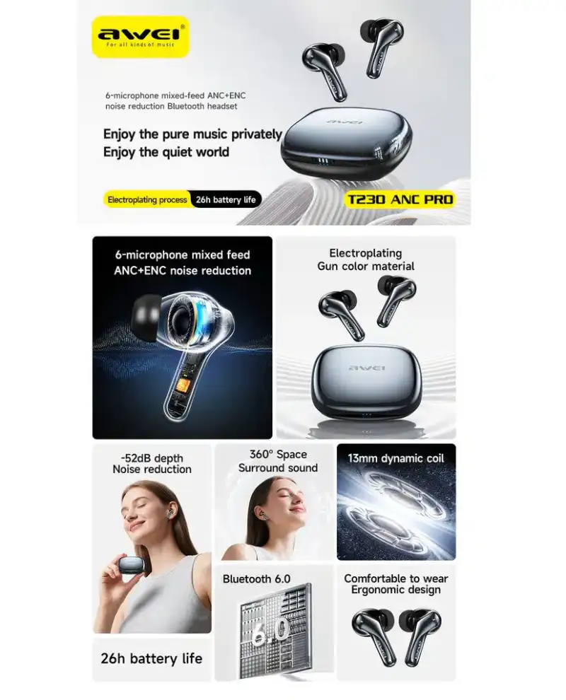 A high-quality studio shot of the Awei T230 ANC Pro wireless earbuds