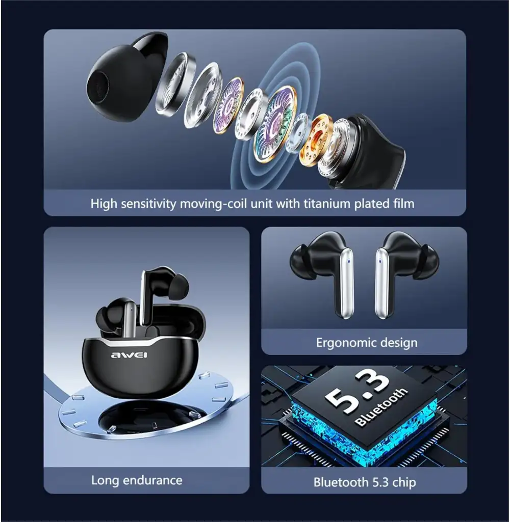 Lightweight Awei T50 earbuds with stable pairing