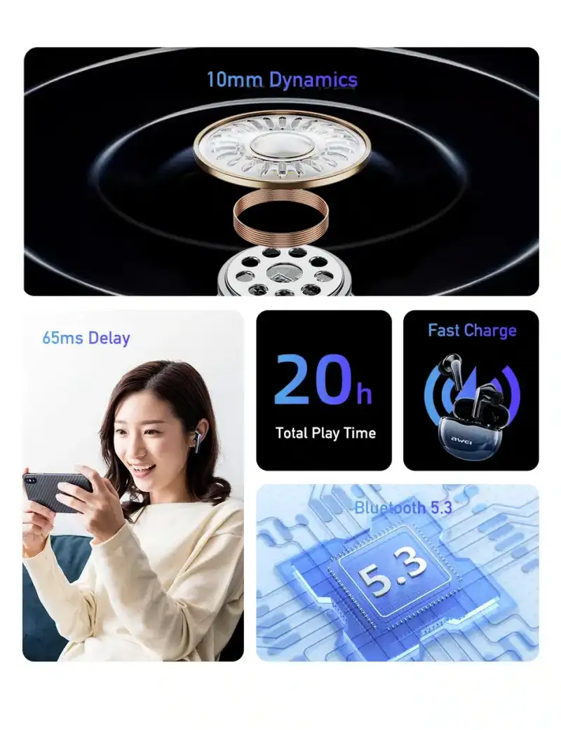 Bluetooth 5.3 earphones for stable, smooth audio