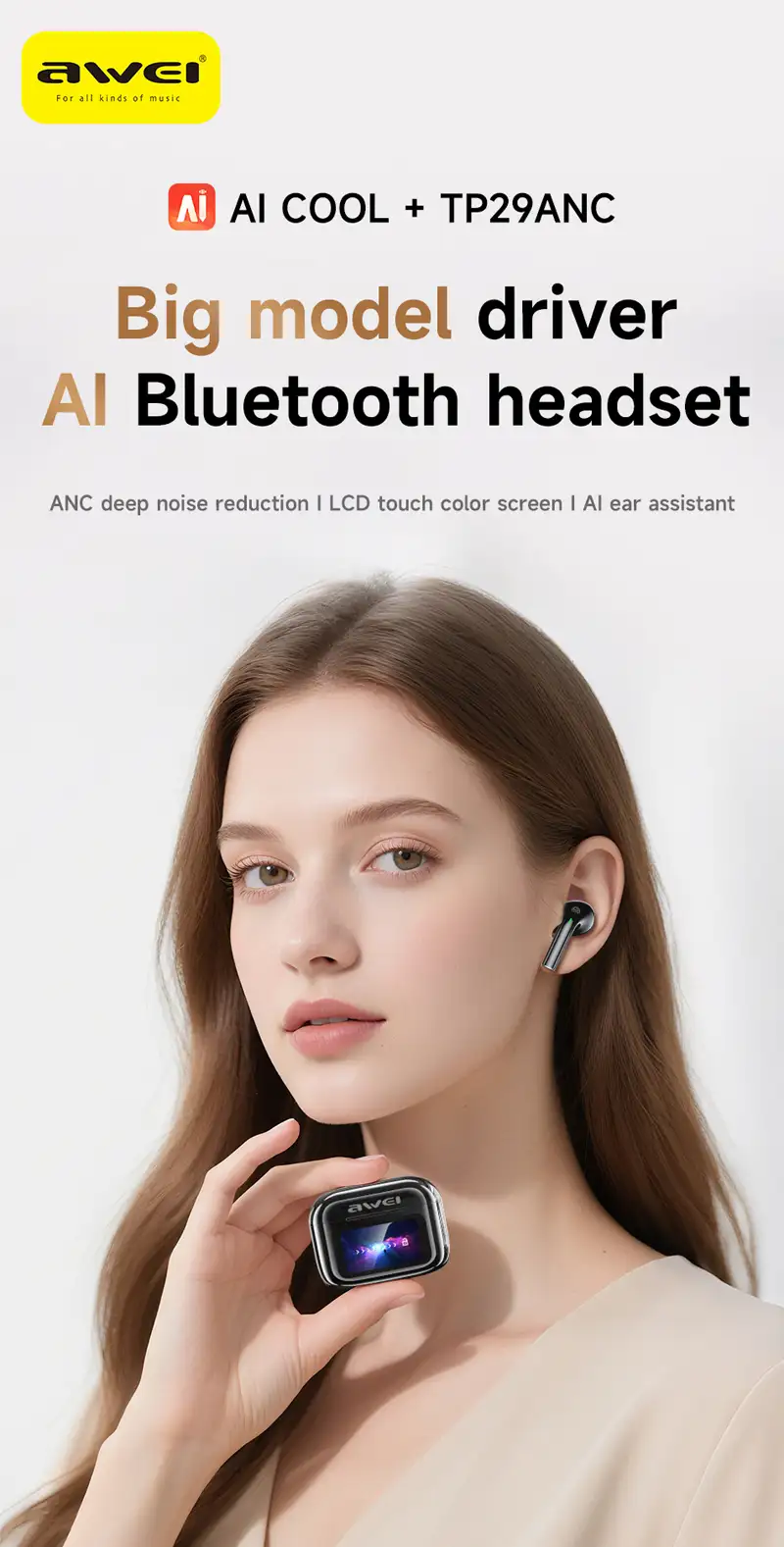 A clean studio close-up of the Awei TP29 ANC wireless earbuds,