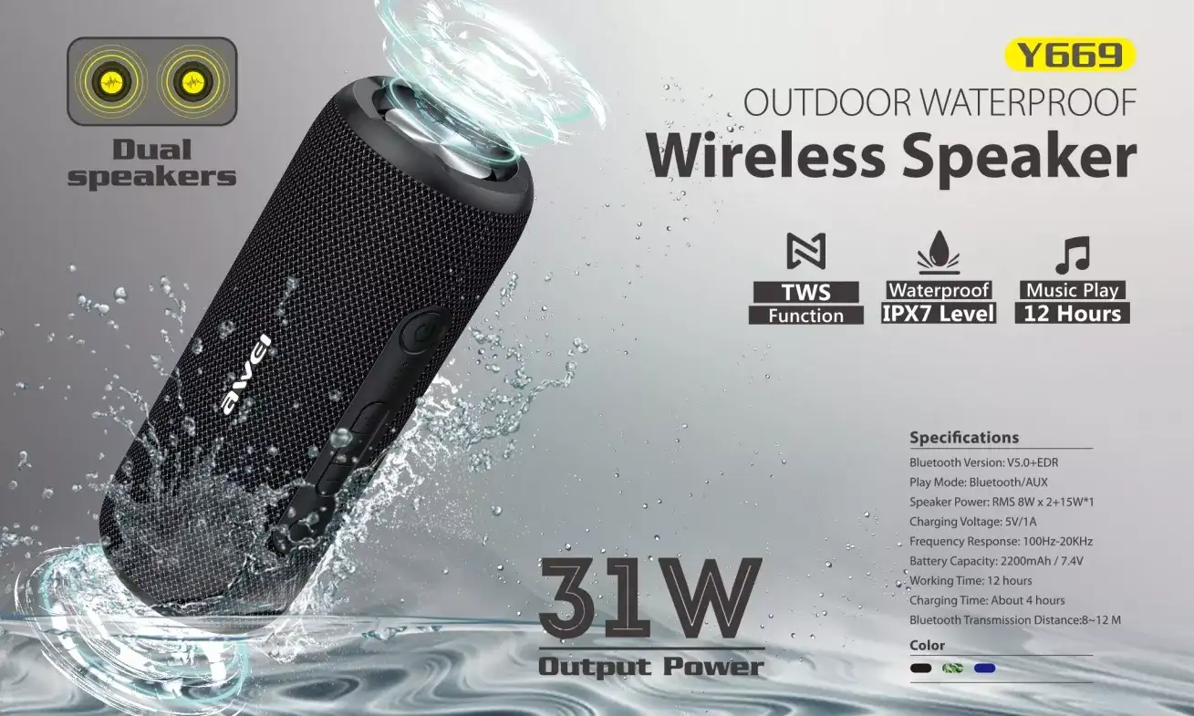 Awei Y669 31W Portable Wireless Bluetooth Speaker with powerful bass and sleek design