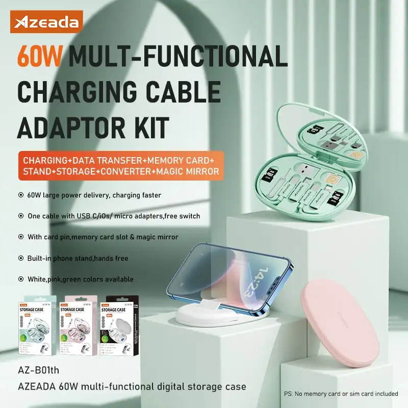 A lifestyle image of the storage box on a desk holding cables, adapters,