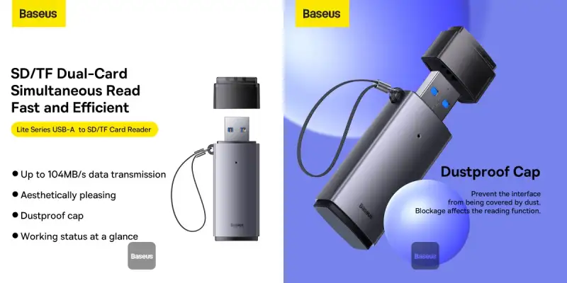 Baseus Card Reader Dual Output USB-A & Type-C to SD TF Card Reader WKQX060113 Grey