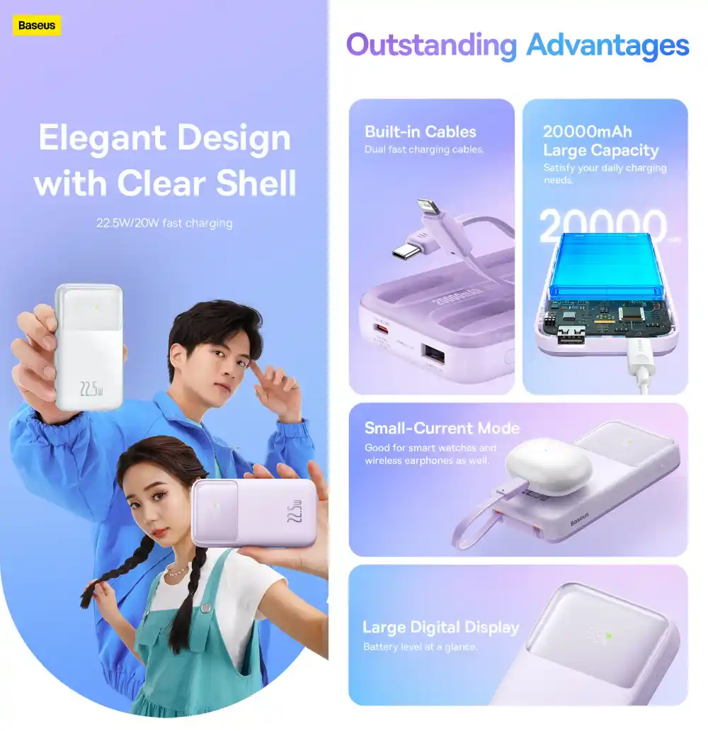 Baseus Comet Series 22.5W 20000mAh Power Bank Purple Baseus Comet Series 22.5W 20000mAh power bank with cable purple color fast charging in Bangladesh