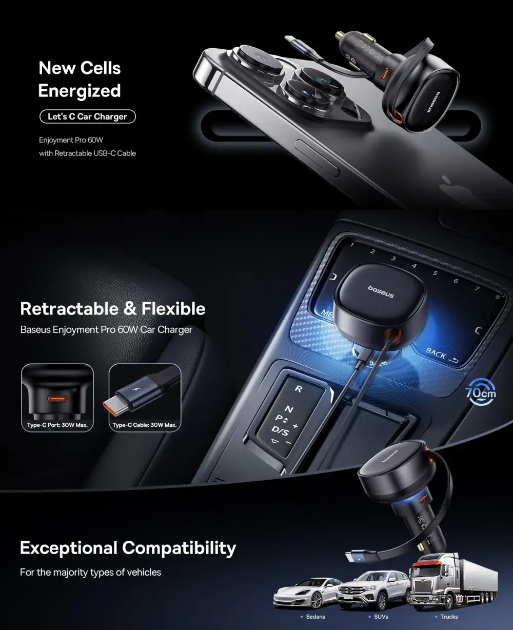 A clean studio close-up of the Baseus Enjoyment Pro retractable USB-C 60W car charger