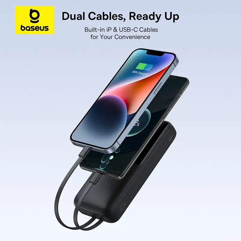 Baseus Lipow 20000mAh 22.5W Power Bank with built-in USB-C and Lightning charging cables