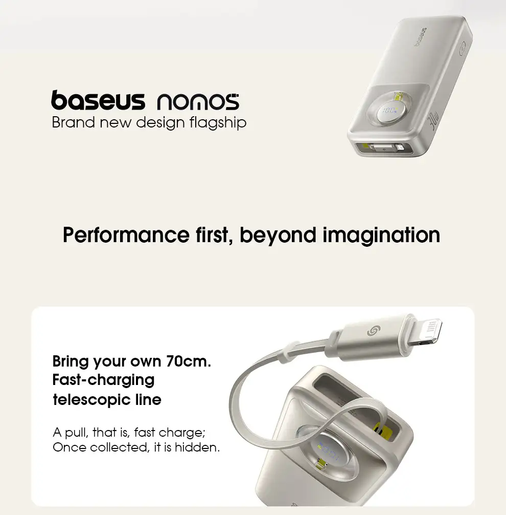 A lifestyle image showing the power bank connected to an iPhone using the built-in cable