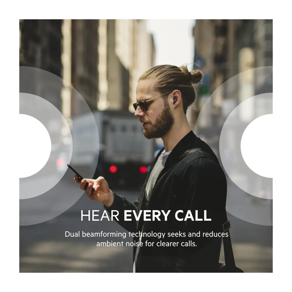 Belkin SoundForm Rise True Wireless Earbuds in their charging case, emphasizing the compact design and Qi wireless charging capability