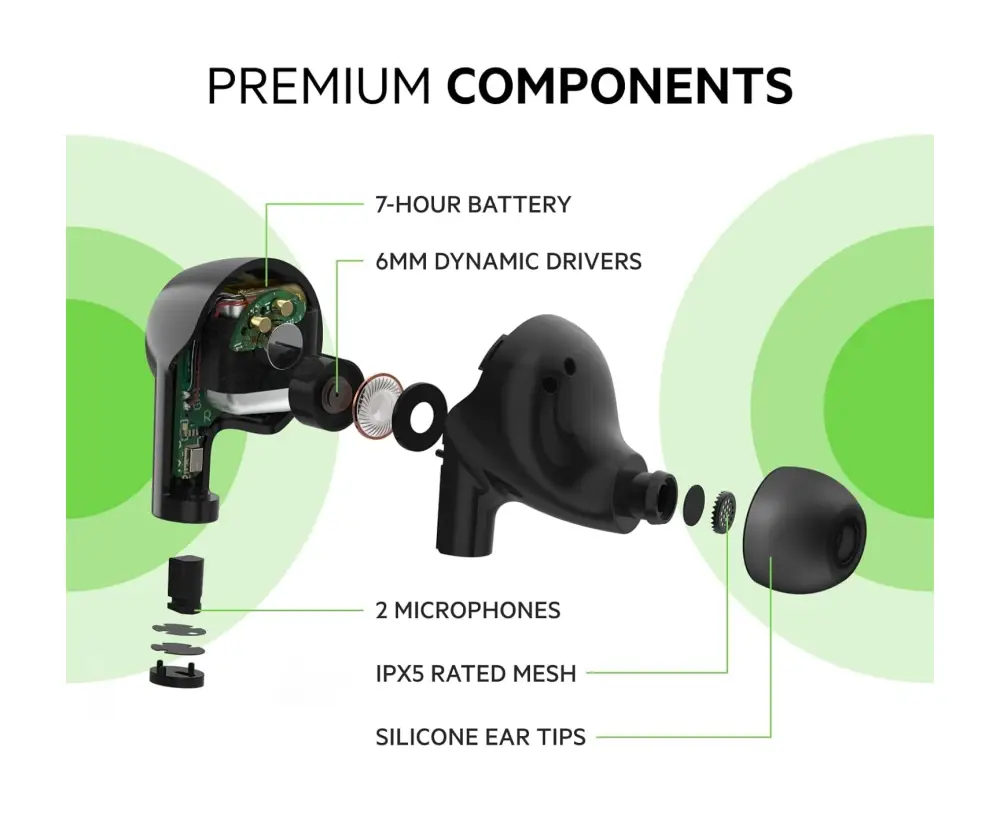 A side profile of a person wearing the Belkin SoundForm Rise earbuds, highlighting the secure and comfortable fit for daily use in BD