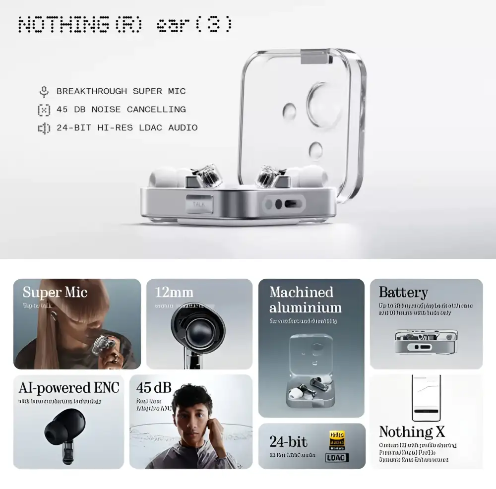 Nothing Ear 3 45dB Hybrid ANC True Wireless Earbuds