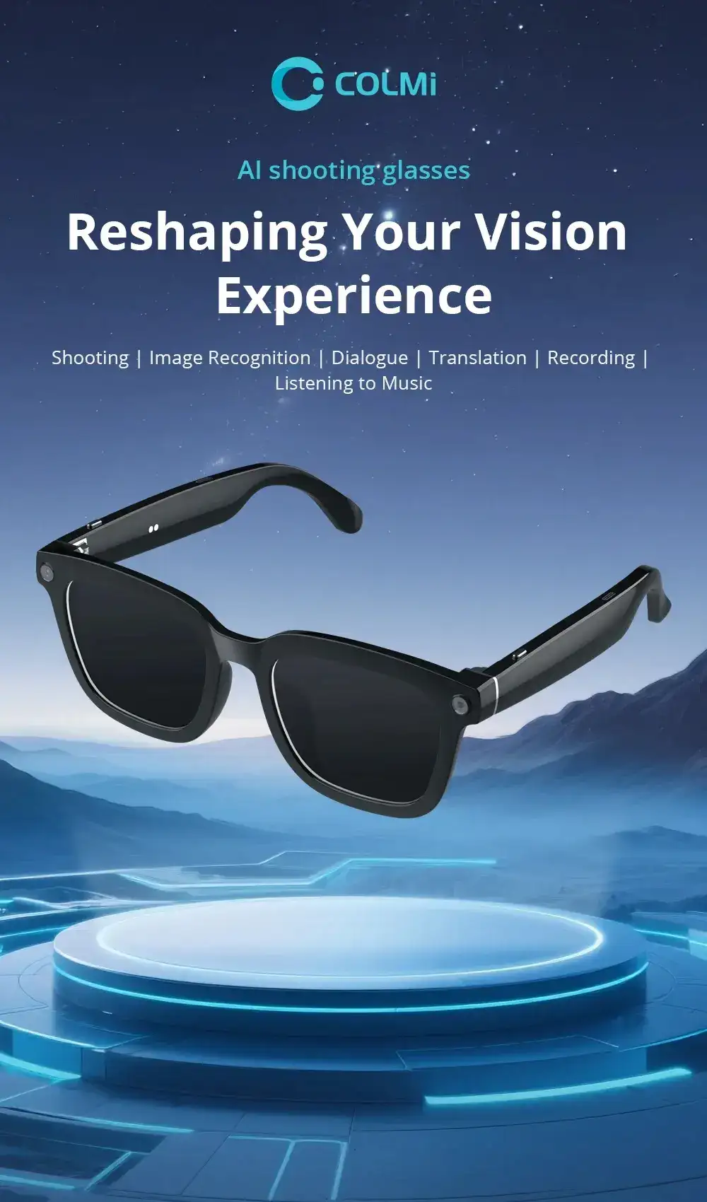 A sleek studio shot of the COLMI V03 AI Smart Glasses,